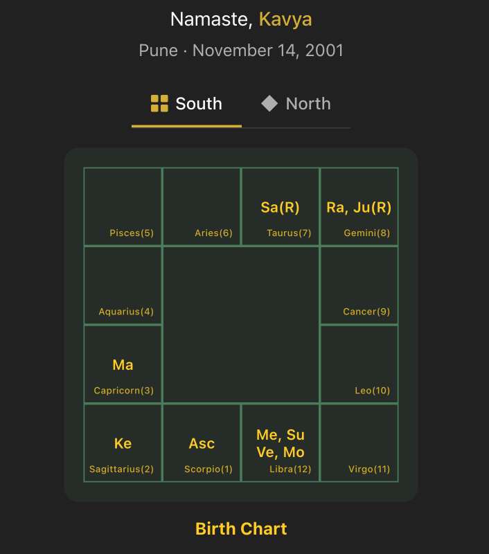 Vedic birth chart displayed inside a ChatGPT conversation via Steer Astro