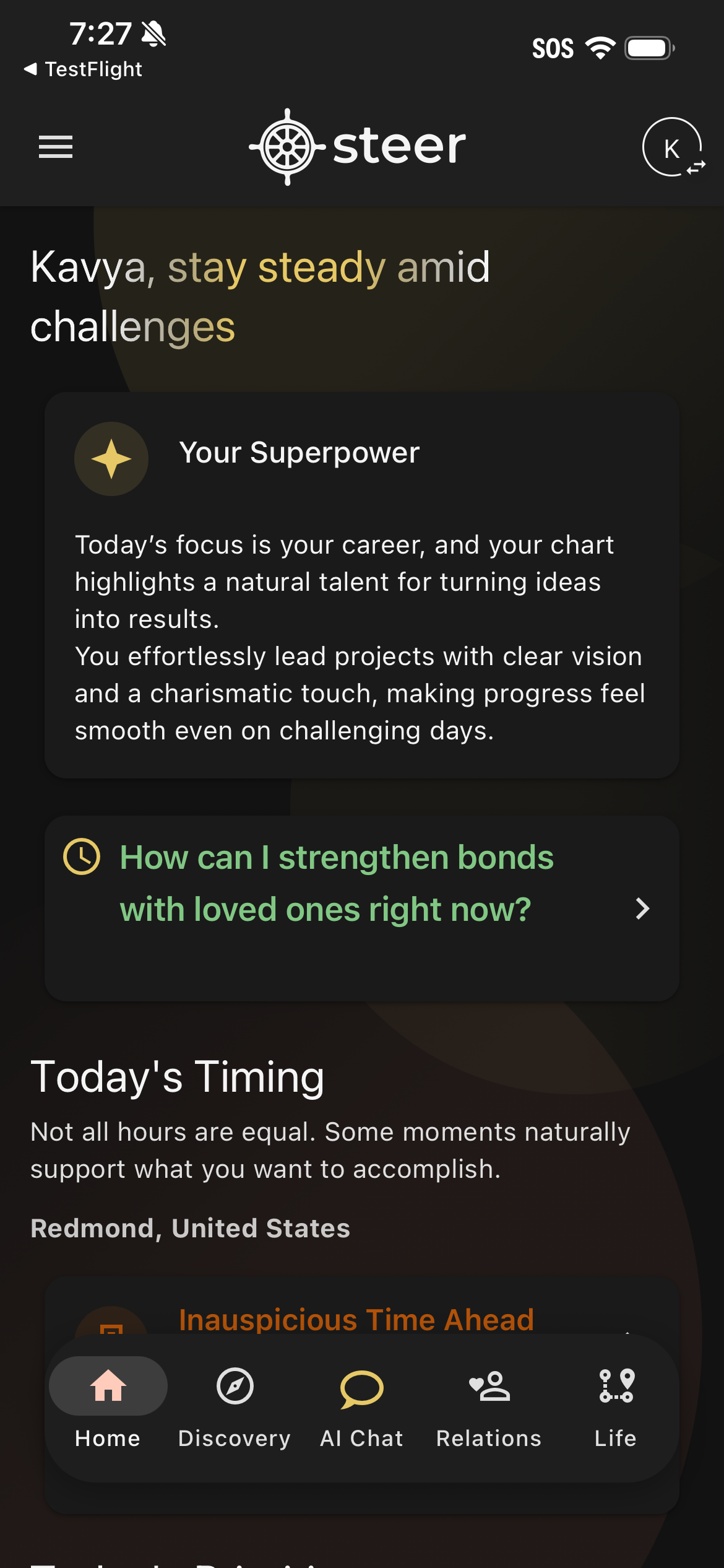 Steer mobile app home screen showing personalized Vedic astrology dashboard